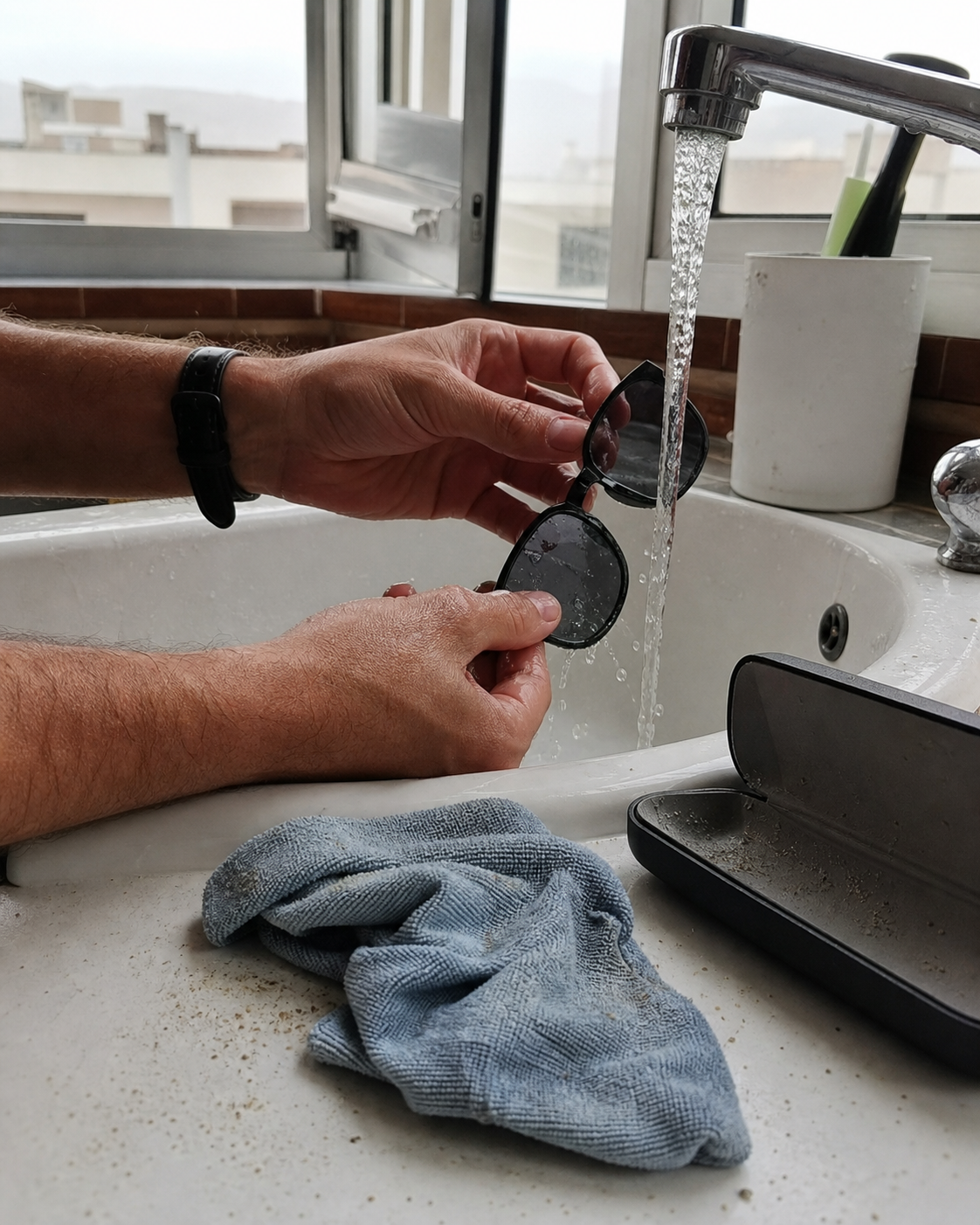 Limpieza de gafas con agua después de la playa y la calima