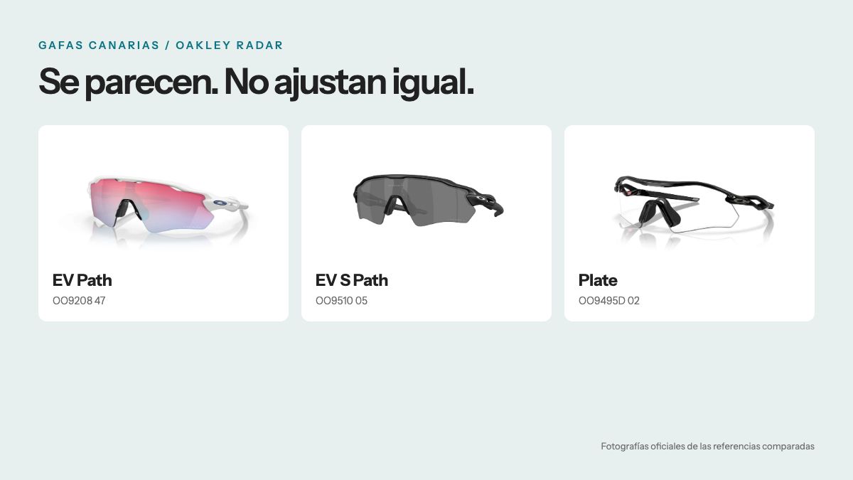 Tres Oakley Radar que se parecen en la foto, pero no ajustan igual
